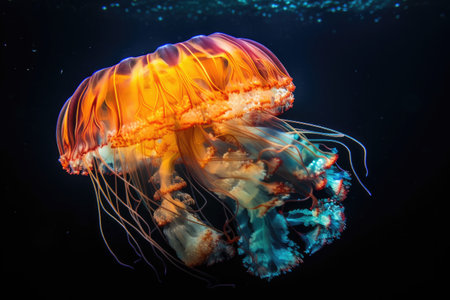 Incredibly beautiful jellyfish that glows with different colors under the water. Bioluminescent marine organisms. High quality generative aiの素材