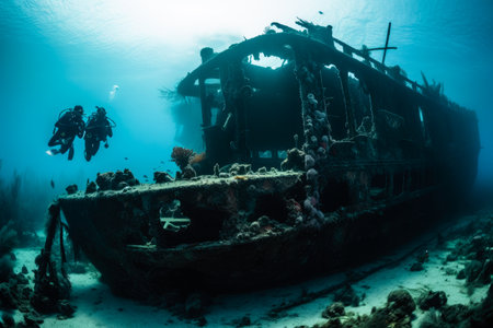 Scuba divers exploring a sunken shipwreck. Underwater mysteries, high quality generative aiの素材
