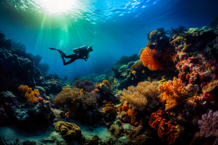 Scuba divers exploring coral reef. Beautiful underwater nature, high quality generative aiの素材