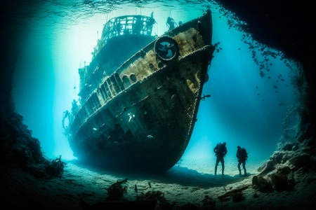 Scuba divers exploring a sunken shipwreck. Underwater mysteries, high quality generative aiの素材