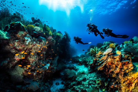 Scuba divers exploring coral reef. Beautiful underwater nature, high quality generative aiの素材