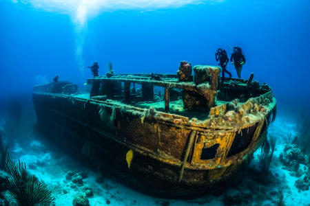 Scuba divers exploring a sunken shipwreck. Underwater mysteries, high quality generative aiの素材
