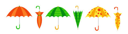 Vector illustration closed and open colorful umbrellas on white background. Rain protection in cartoon style.のイラスト素材