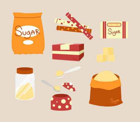 Set of sugar in a flat style. Vector illustration of natural cane sugar in jar, bag, box, sugar bowl and in cube shape on white background.のイラスト素材