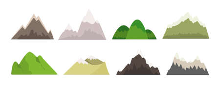 Set of mountains in cartoon style. Vector illustration of adventure, tourism, climbing, landscape, camping and hiking on white background.のイラスト素材