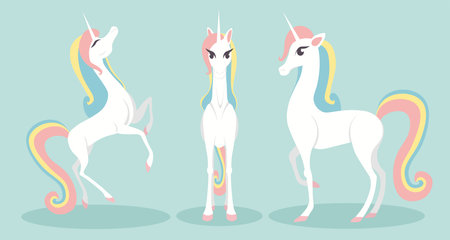 Vector illustration cute and beautiful unicorn on white background. Charming character in different poses in cartoon style.のイラスト素材