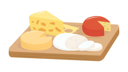 Set of yellow cheeses in cartoon style. Vector illustration of delicious and appetizing homemade cheeses of different species on the kitchen board.のイラスト素材