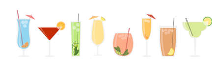Set of multicolored summer cocktails in cartoon style. Vector illustration of delicious and appetizing cocktails of different species in glasses with a straw.のイラスト素材