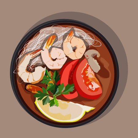 Delicious and appetizing noodles with seafood in bowl in cartoon style. Vector illustration of Asian cuisine.のイラスト素材
