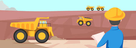 Nice vector illustration of mining in a cartoon style. Male engineer with papers directs large dump trucks with ore. Import and export of goods logistics service.のイラスト素材