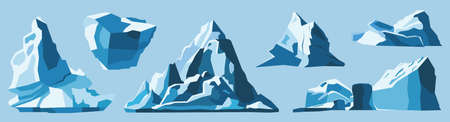 Set of blue icebergs in cartoon style. Vector illustration of adventure, tourism, climbing, landscape and concept of warming on blue background.のイラスト素材