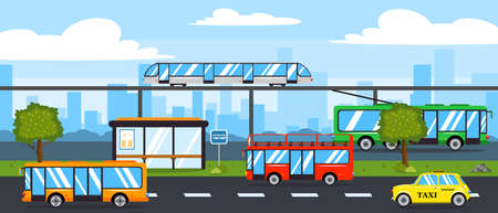 Vector illustration of beautiful public transport. Cartoon urban transport moving on the road bus, trolleybus, tram, taxi, subway and city in the background.のイラスト素材