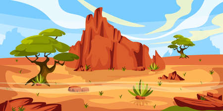 Vector illustration of a beautiful American desert. Cartoon desert landscape with trees, bushes, mountains.のイラスト素材