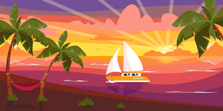 Vector illustration of a beautiful summer sea coast. Cartoon beach landscape on the sunset with palm trees, hammock, sailboat.のイラスト素材