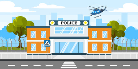 Vector illustration of modern police station. Cartoon urban buildings with landing helicopters, fences, trees and a city in the background.のイラスト素材