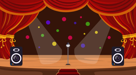 Vector illustration beautiful interior wooden scenes. Cartoon interior with microphone, speakers, curtains, stairs, colorful balloons.のイラスト素材