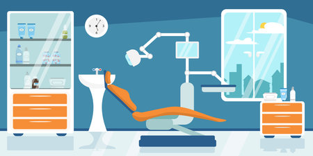 Vector illustration of modern interior dentistry room. Cartoon interior with dental unit, cabinet, bedside tables, medicines, washbasin, window with access to the city.のイラスト素材