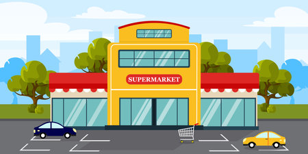 Vector illustration of beautiful supermarket. Cartoon urban buildings with parked cars, carts, trees and a city in the background.のイラスト素材