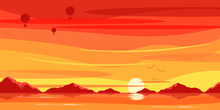 Vector illustration of beautiful sunset. Cartoon mountain landscape with a large lake or sea, balloons, seagulls, red sky.のイラスト素材