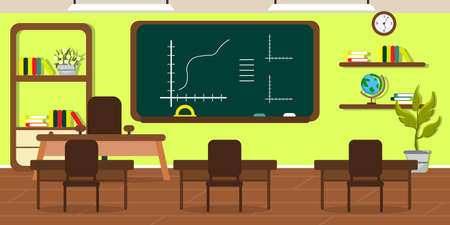 Vector illustration modern interior school classroom. Cartoon interior with desks, chairs, flowerpots, blackboard, shelves, books, clocks, globe.のイラスト素材