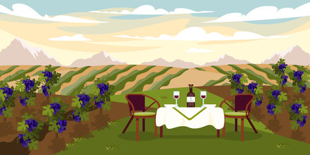 Vector illustration fertile grape fields. Cartoon mountain landscape with grapes, hills, table, chairs and wine for sampling.のイラスト素材