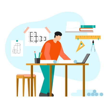 Vector illustration of an architect. Cartoon scene with architecture thinking about the design of the apartment draws up drawings white background.のイラスト素材