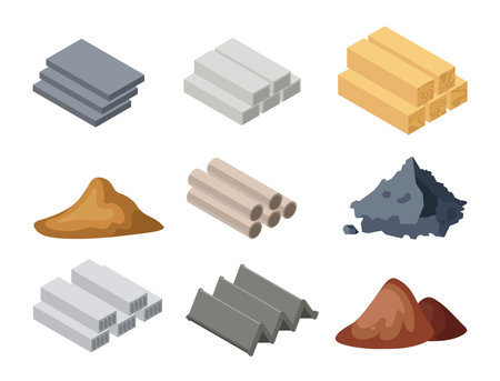 Set of building materials in cartoon style. Vector illustration of icons, wooden beams, concrete structures, pipes, sand, earth, gravel, iron beams white background.のイラスト素材