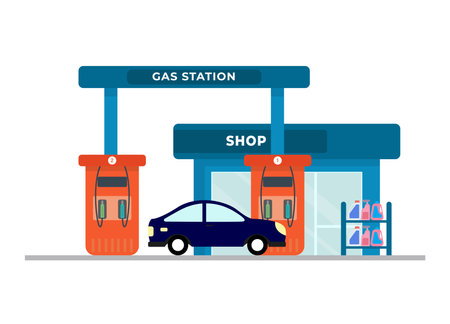 Vector illustration of a beautiful petrol station. Cartoon urban buildings with refueling the car with gas, shop.のイラスト素材