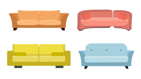 Set colorful sofas in cartoon style. Vector illustration of places to relax and watch TV for home interiors on white background.のイラスト素材