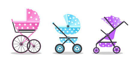Set of colorful baby strollers cartoon style. Vector illustration of strollers for girls and boys on white background.のイラスト素材