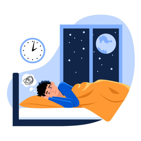 Vector illustration of insomnia. Depression. Cartoon scene with a guy who cant sleep at night on white background.のイラスト素材