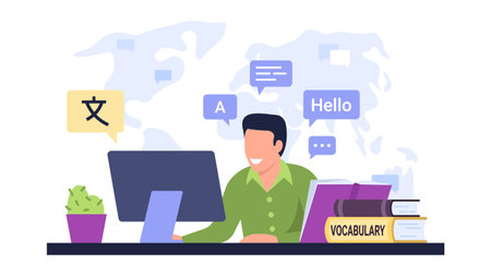 Vector illustration of translator. Cartoon scene with a guy who translates many languages to a computer around the world on white background.のイラスト素材