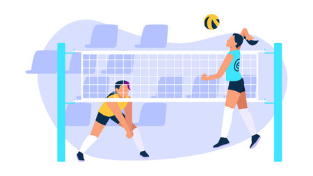 Vector illustration of volleyball. Cartoon scene with girls playing volleyball in jump and wants to take hit on white background.のイラスト素材