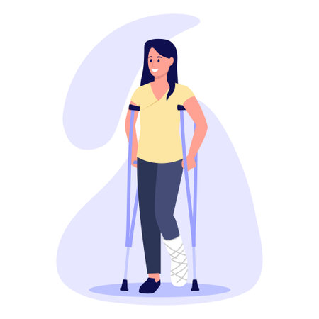 Vector illustration of broken leg. Cartoon scene with a girl who stands on crutches through a broken leg on white background.のイラスト素材
