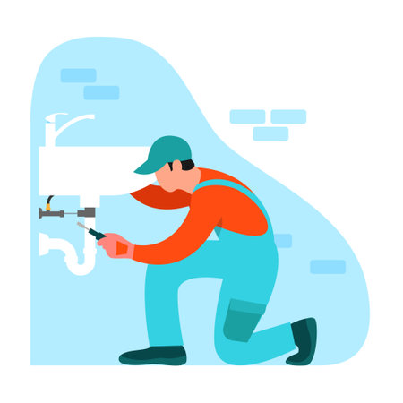 Vector illustration of plumber. Cartoon scene with plumber who repair the sink in the house on white background.のイラスト素材