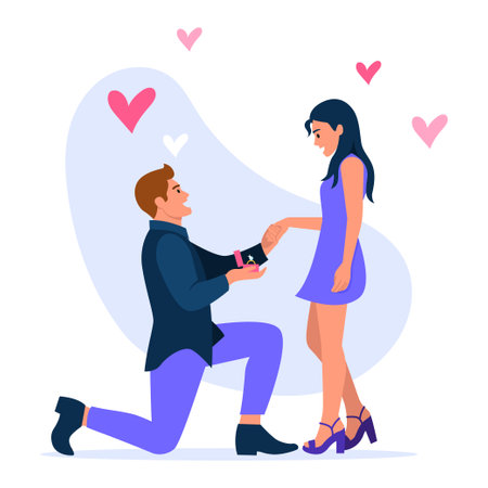 Vector illustration of marriage proposals. Cartoon scene with a man who proposes to his girlfriend and gives her a ring on white background. A romantic date, love is in the air.のイラスト素材