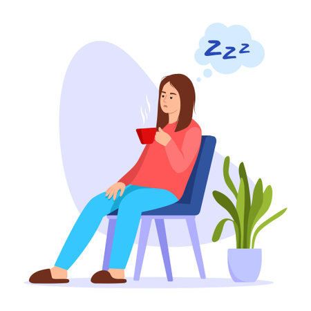 Vector illustration of a tired girl. Cartoon scene with a tired, exhausted girl sitting on a chair with a cup of hot drink and wanting to sleep isolated on a white background.のイラスト素材