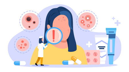 Vector illustration of a girl with problem skin. Cartoon scene with dermatologist doctor with magnifying glass diagnosing skin problem and prescribing treatment isolated on white background.のイラスト素材