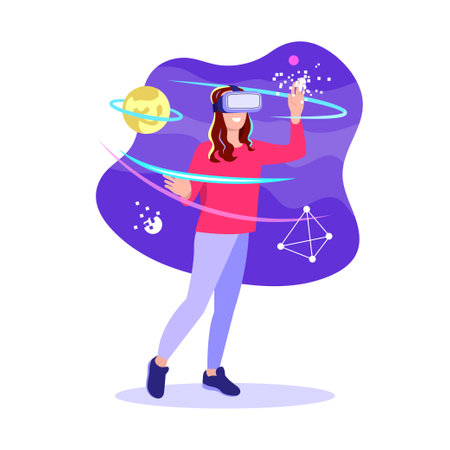 Vector illustration of virtual reality. Cartoon scene with a girl who put on a virtual helmet got into the pixel world on white background.のイラスト素材