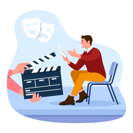 Vector illustration of actors. Cartoon scene with the guy is training the script and getting ready to shoot the movie on white background.のイラスト素材