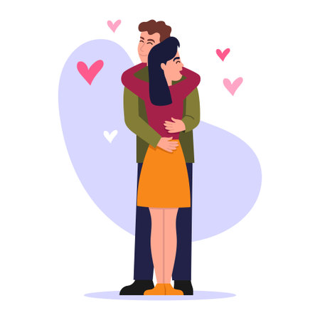 Vector illustration of hugs. Cartoon scene with girl and guy who hug and hearts fly around them on white background.のイラスト素材