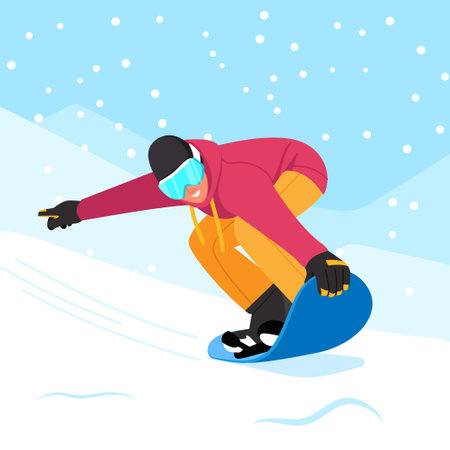 Vector illustration of snowboarder. Cartoon scene with a guy who rides from a snowy mountain on a snowboard.のイラスト素材