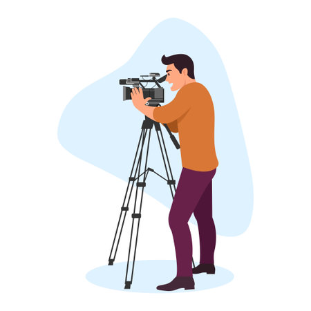 Vector illustration of a videographer boy. Cartoon scene with a videographer boy standing with a video camera on a tripod isolated on white. Videography, photography for cinema, wedding, tv-cameraman.のイラスト素材