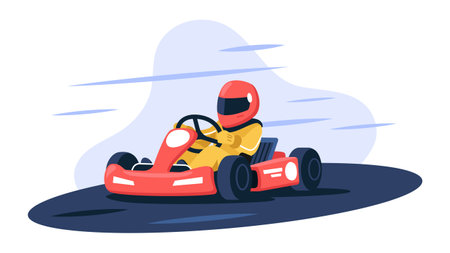 Vector illustration with a boy racer isolated on white background. Cartoon scene with a karting athlete in a helmet, suit and gloves driving a racing car. Karting competition. Motor sports.のイラスト素材