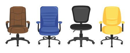 Set of colored office chairs in a cartoon style. Vector illustration of various office and front chairs on wheels for work isolated on white background. Office chairs for interior.のイラスト素材