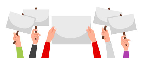 Set of hands with signs in cartoon style. Vector illustration of different signs held by people isolated on white background. Demonstration of people with posters. Rallies, actions.Empty banners.のイラスト素材