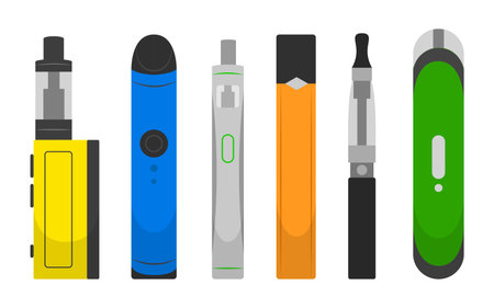 Set of colorful electronic cigarettes, vape in cartoon style. Vector illustration of different types...