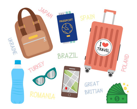 Set of equipment for traveling countries in a cartoon style. Vector illustration of various objects for traveling the world: suitcase, passport, backpack, water, money, phone with map, glasses.のイラスト素材