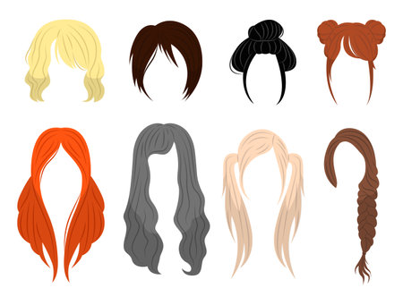 Set of beautiful hairstyles in cartoon style. Vector illustration of various female hairstyles with short and long hair: straight hair, wavy, with buns, pigtails, tails isolated on a white background.のイラスト素材