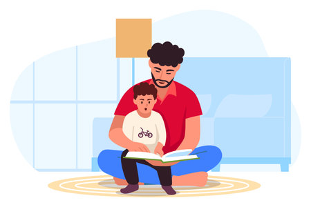 Vector illustration of a father spending time with his little son. Cartoon scene with a father sitting with his son on the floor and reading an interesting book isolated on a white background.のイラスト素材